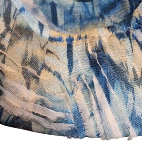 Chicos Size 3 XL Tunic Top Blue Ikat Pattern Long Sleeve Pleated Raw Edge Detail - Picture 7 of 9